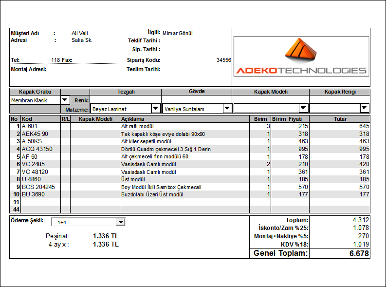 Mutfak, Banyo Çizim ve Tasarım Programı Teklif Hazırlama